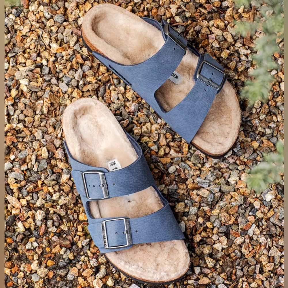 NIB Birkenstock Arizona Shearling Slide Sandal Elemental Blue Size 36 EU